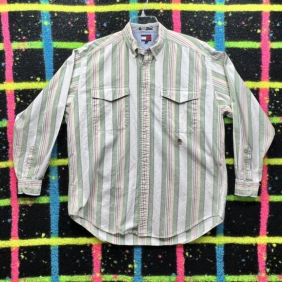 Vintage Tommy Hilfiger Shirt Oxford Striped Crest Logo Retro 90s Long Sleeve L - Picture 1 of 12